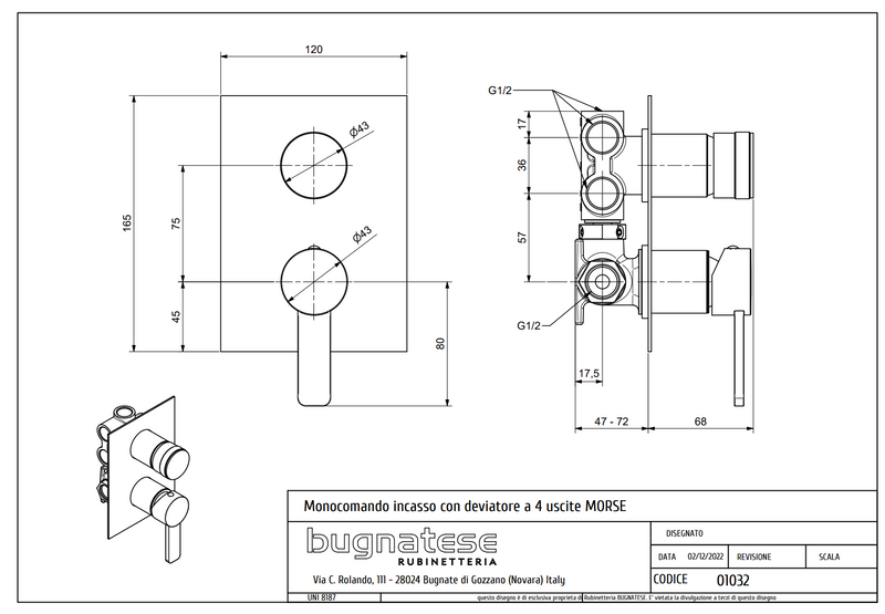 Technical Drawing for Bugnatese, Tess,  Fal alatti 4 állású zuhanycsaptelep - Fürdő - 9632