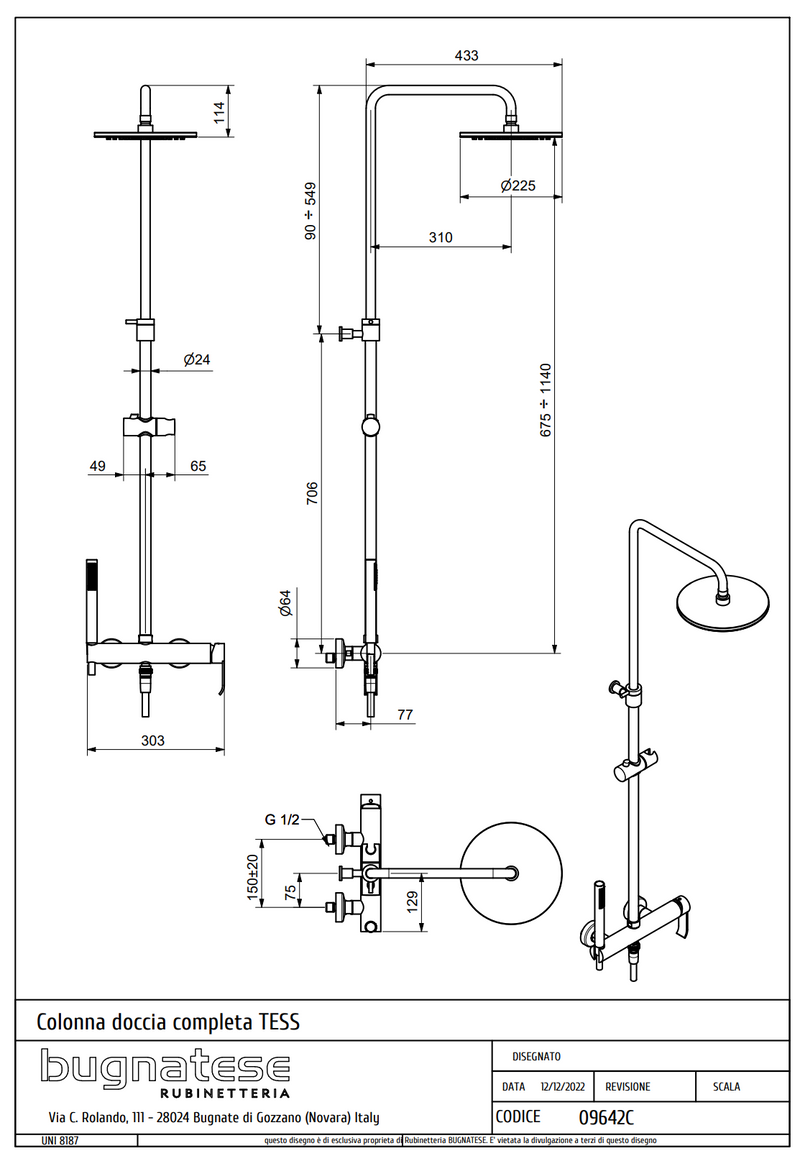 Technical Drawing for Bugnatese, Tess, Esőztető rendszer fej- és kézizuhannyal - Fürdő - 9642C