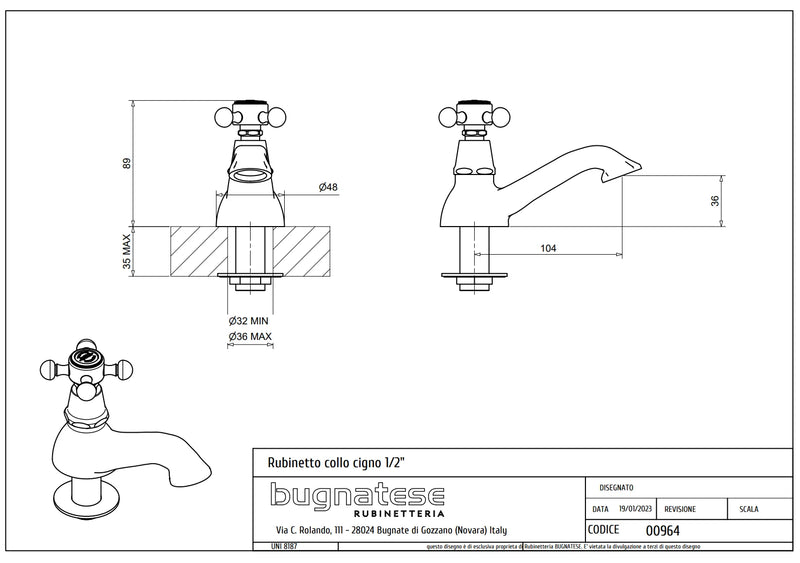 Technical Drawing for Bugnatese Lady ,Klasszikus, Hideg vizes mosdó csaptelep – Fürdő – 964