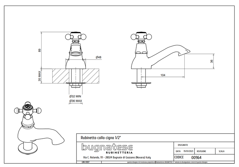 Technical Drawing for Bugnatese Lady ,Klasszikus, Hideg vizes mosdó csaptelep – Fürdő – 964