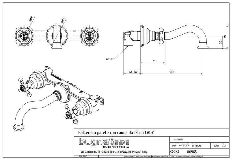 Technical Drawing for Bugnatese, Lady Klasszikus, Fal alatti mosdócsaptelep beépítő egységgel – Fürdő – 965