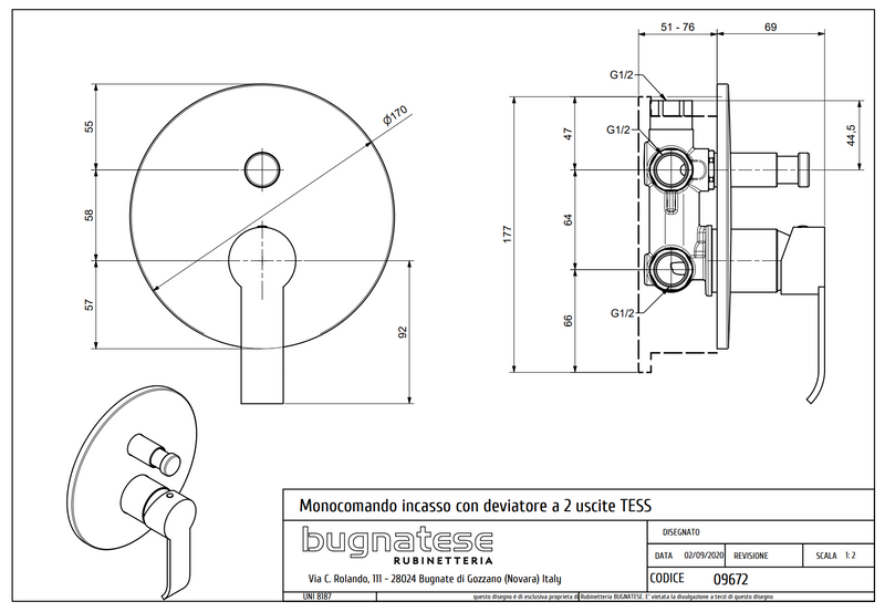 Technical Drawing for Bugnatese, Tess,  Fal alatti váltós zuhanycsaptelep - Fürdő - 9672