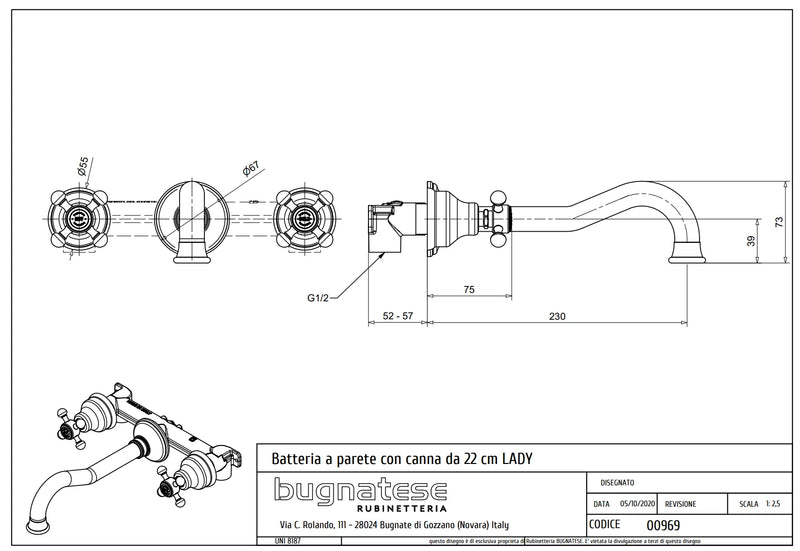 Technical Drawing for Bugnatese, LADY , Klasszikus, Fal alatti mosdócsaptelep beépítő egységgel – Fürdő – 969