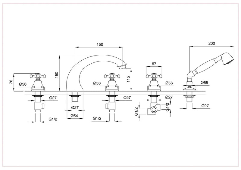 Technical Drawing for Bugnatese, LAdy,  Peremre szerelt 5 üléses kádcsaptelep – Fürdő – 980