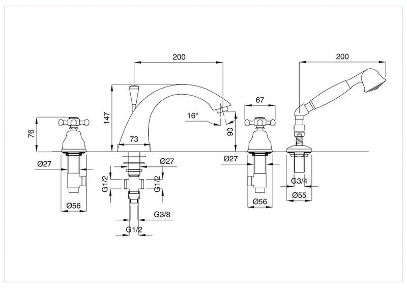 Technical Drawing for Bugnatese, Lady, Peremre szerelt 4 üléses kádcsaptelep – Fürdő – 981