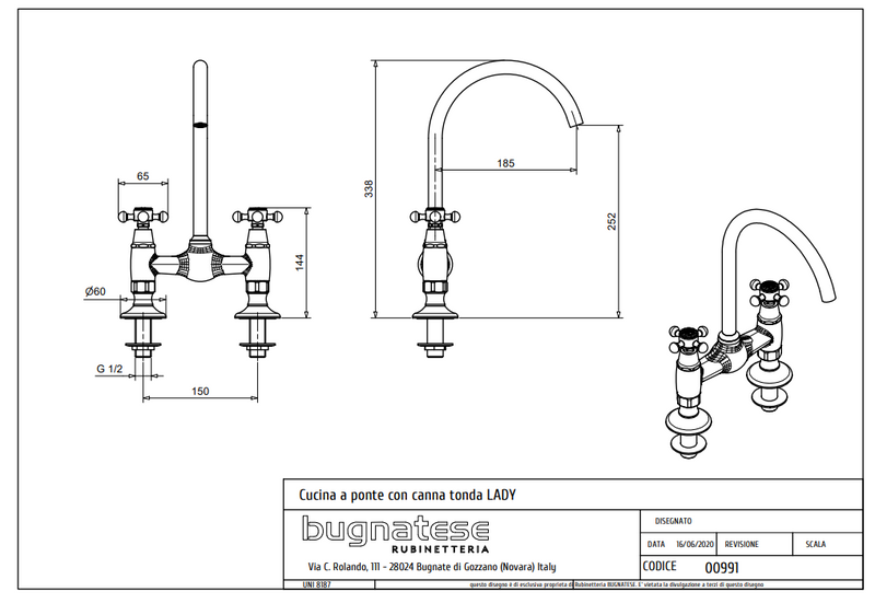 Technical Drawing for Bugnatese, Lady, Klasszikus, Peremre szerelt konyhai csaptelep leeresztő nélkül– Konyha – 991