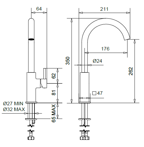 Technical Drawing for Bugnatese, Modern, Álló konyhai csaptelep leeresztővel – Konyha – 5781