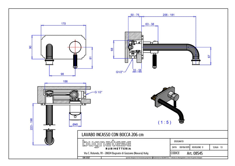 Technical Drawing for Bugnatese, Fal alatti mosdócsaptelep beépítő egységgel – Fürdő – 8543SC