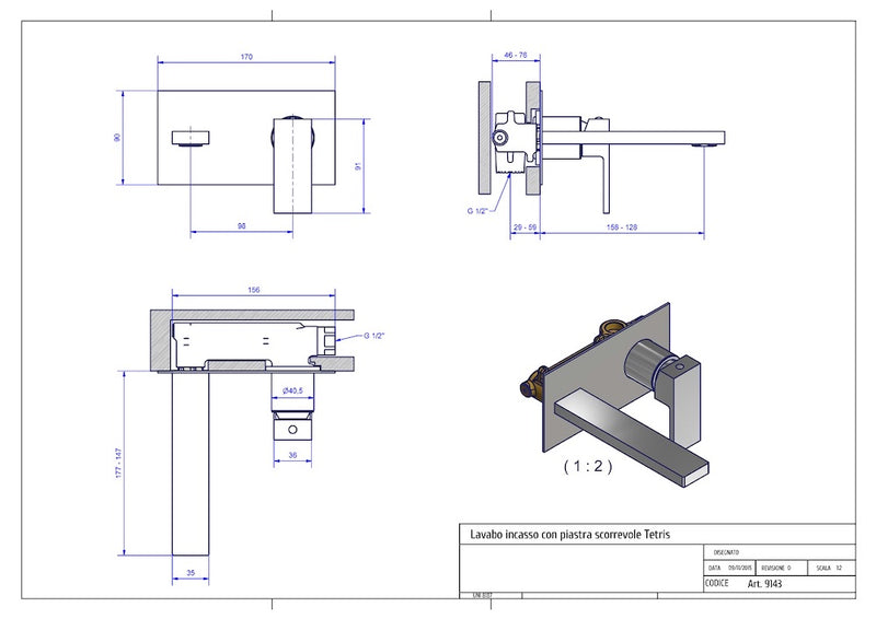 Technical Drawing for Bugnatese, Modern, Fal alatti mosdócsaptelep beépítő egységgel – Fürdő – 9143SC