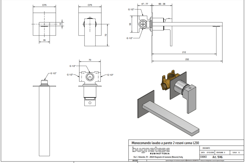 Technical Drawing for Bugnatese, Modern, Fal alatti mosdócsaptelep beépítő egységgel – Fürdő – 9146