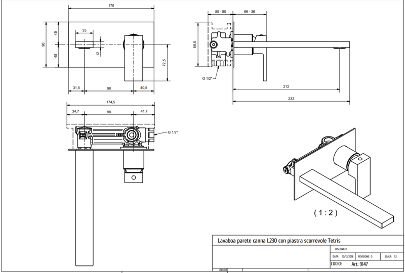 Technical Drawing for Bugnatese, Modern, Fal alatti mosdócsaptelep beépítő egységgel – Fürdő – 9147SC