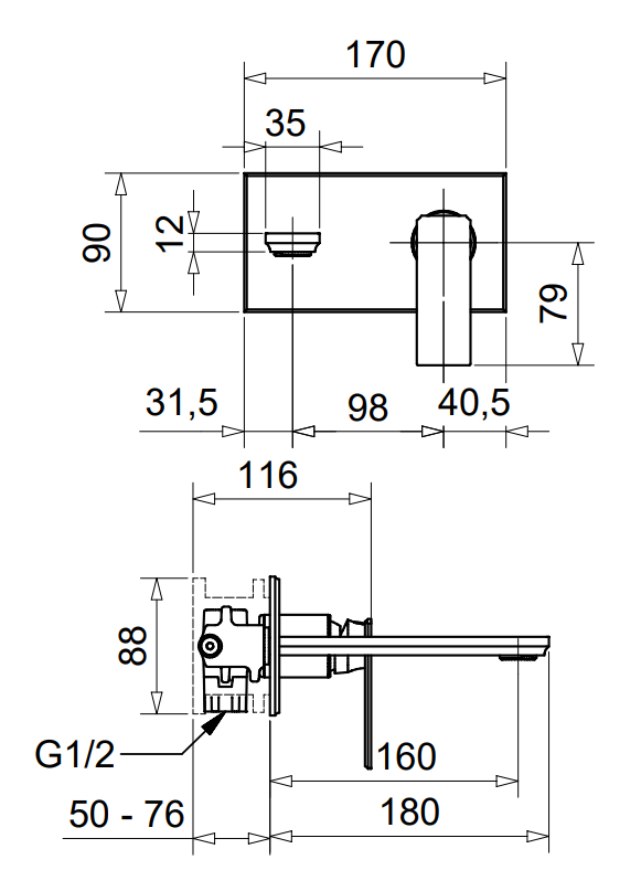Technical Drawing for Bugnatese, Modern, Fal alatti mosdócsaptelep leeresztővel – Fürdő – 9443SC