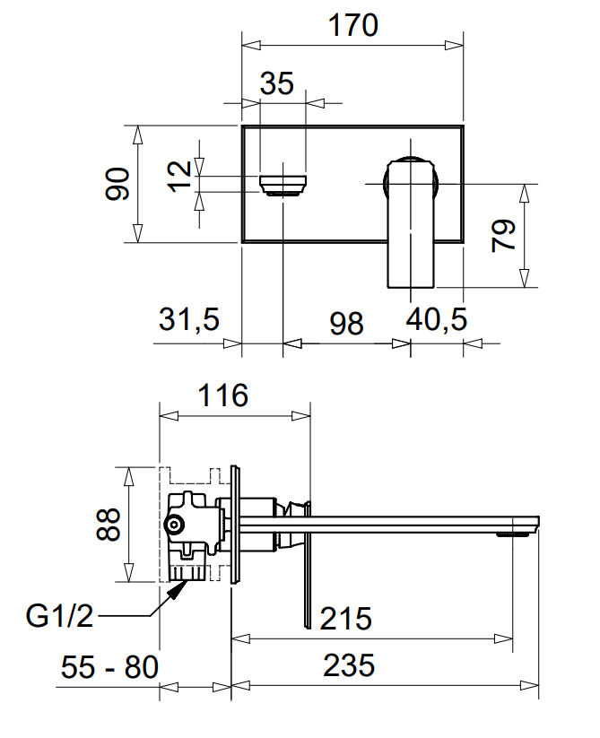 Technical Drawing for Bugnatese, Modern, Fal alatti mosdócsaptelep beépítő egységgel – Fürdő – 9447