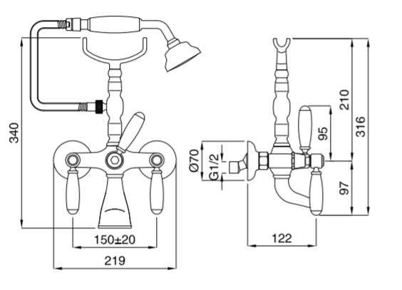 Technical Drawing for Bugnatese, Klasszikus, Fali kádcsaptelep – Fürdő – 400U