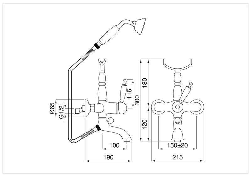 Technical Drawing for Bugnatese, Klasszikus, Fali kádcsaptelep – Fürdő – 6300
