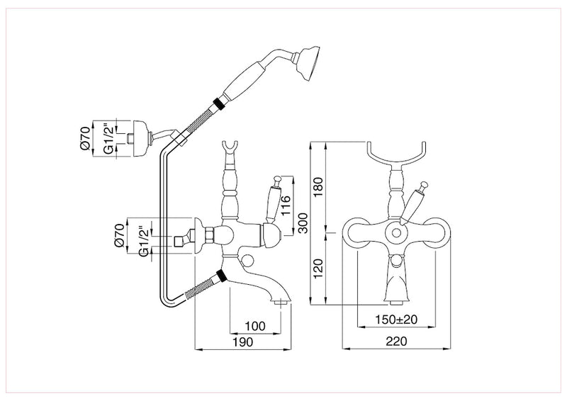 Technical Drawing for Bugnatese, Klasszikus, Fali kádcsaptelep – Fürdő – 6302