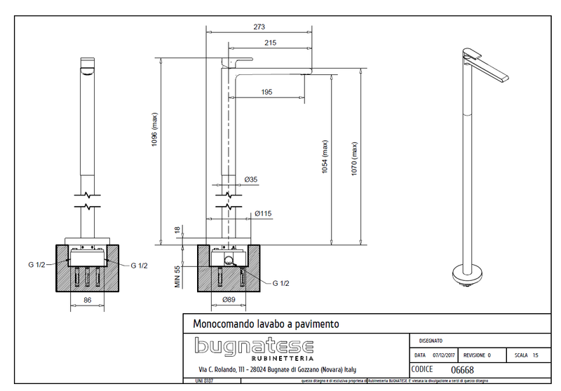 Technical Drawing for Bugnatese (Simple) Szabadonálló mosdócsaptelep (Fürdő) (Beépítő egységgel) – 6668